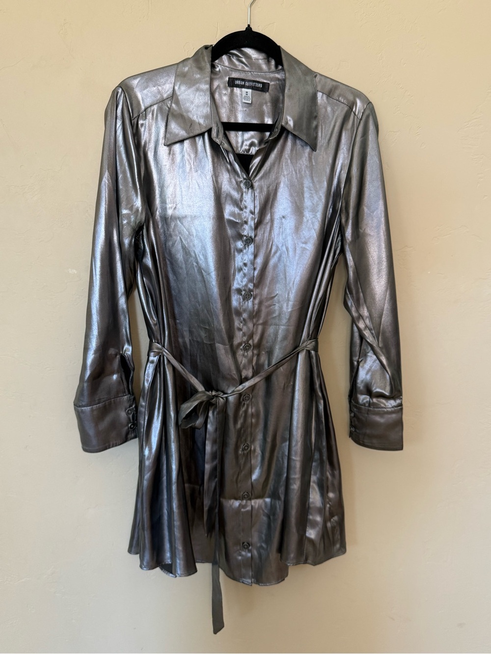 Urban Outfitters Metallic Silver Shirt Dress | Tie Waist Party Mini | Size M - Picture 2 of 9